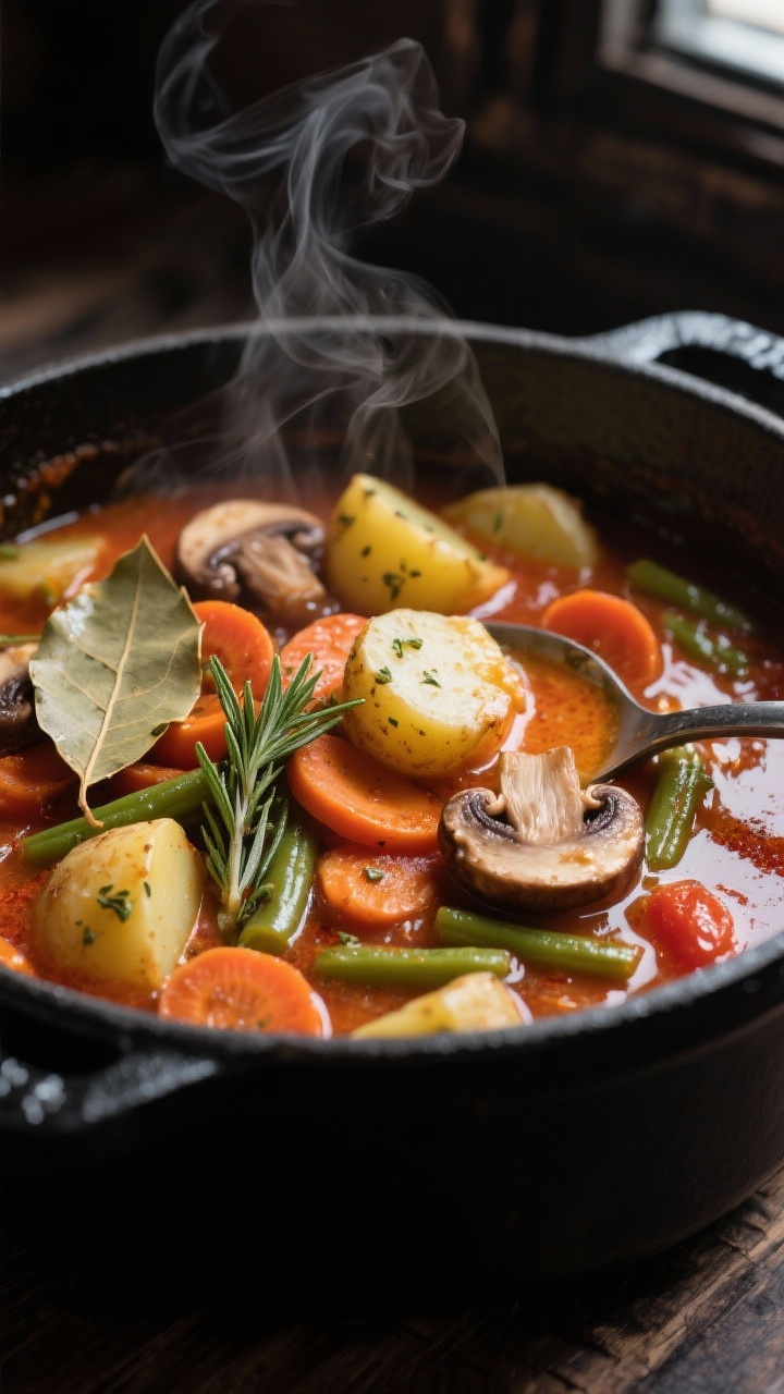 Close-up detail: A glossy, spoon-coating vegetable stew simmering in a matte black Dutch oven, showi