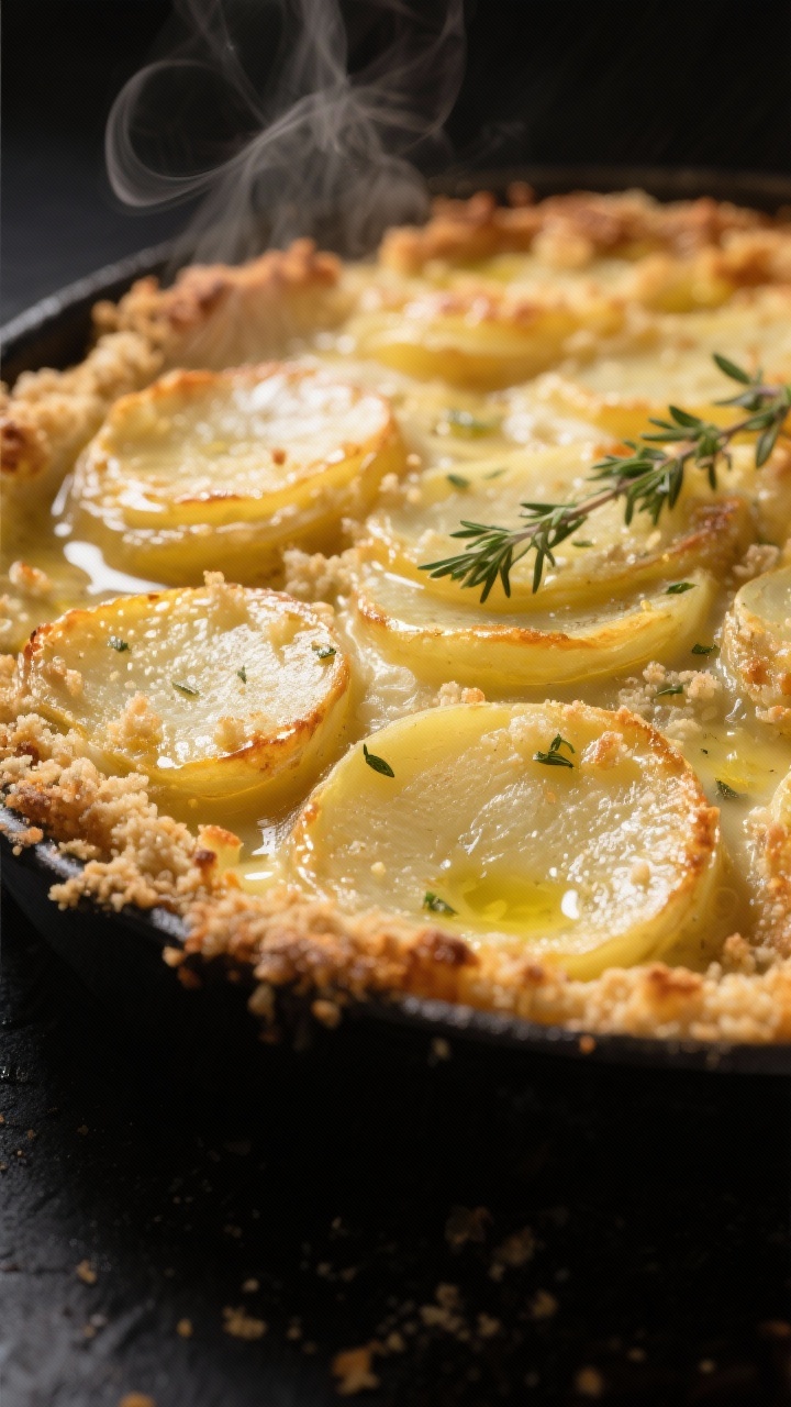 Close-up detail: A golden, bubbling surface of dairy-free scalloped potatoes just out of the oven, w