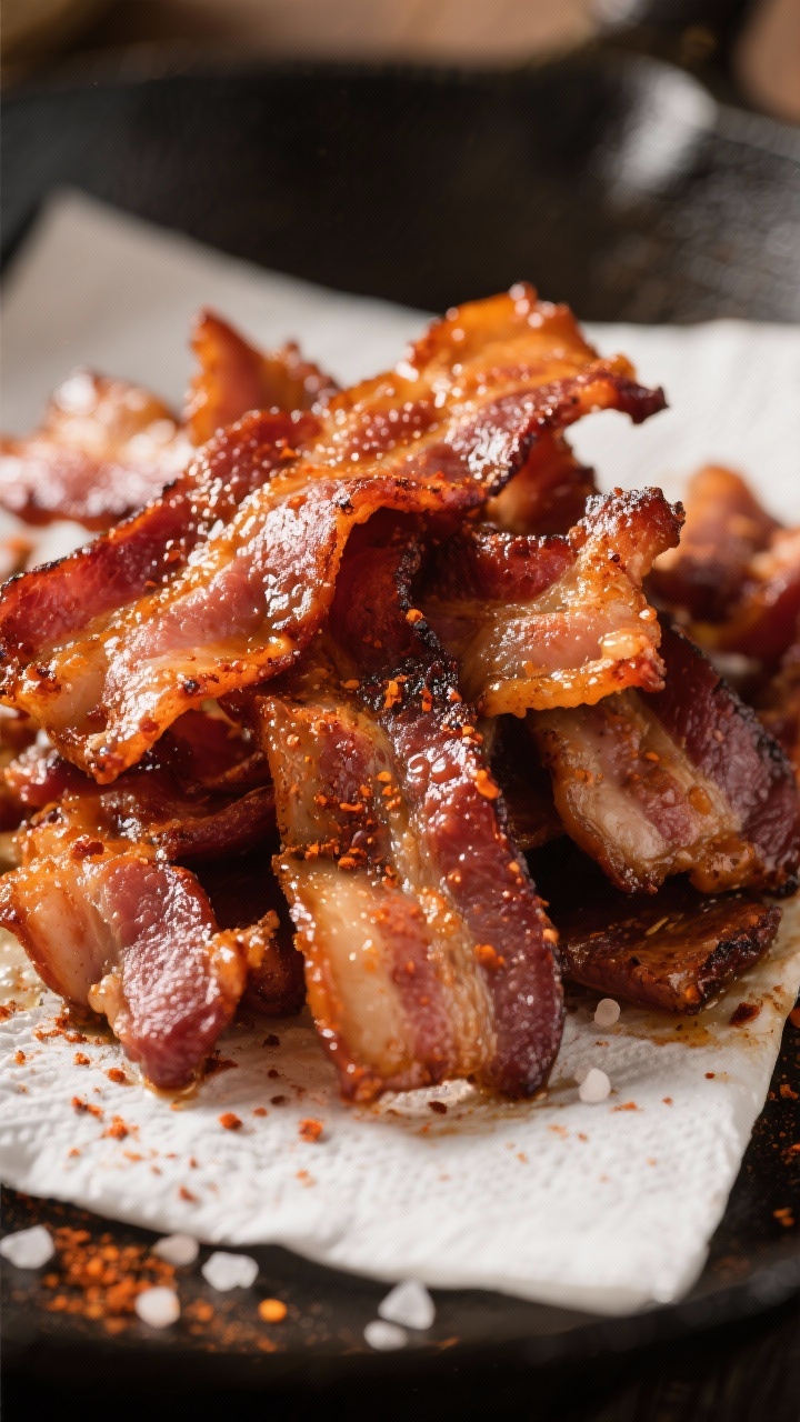 Close-up detail: A heap of crispy thick-cut bacon pieces just off the skillet, deeply browned and gl
