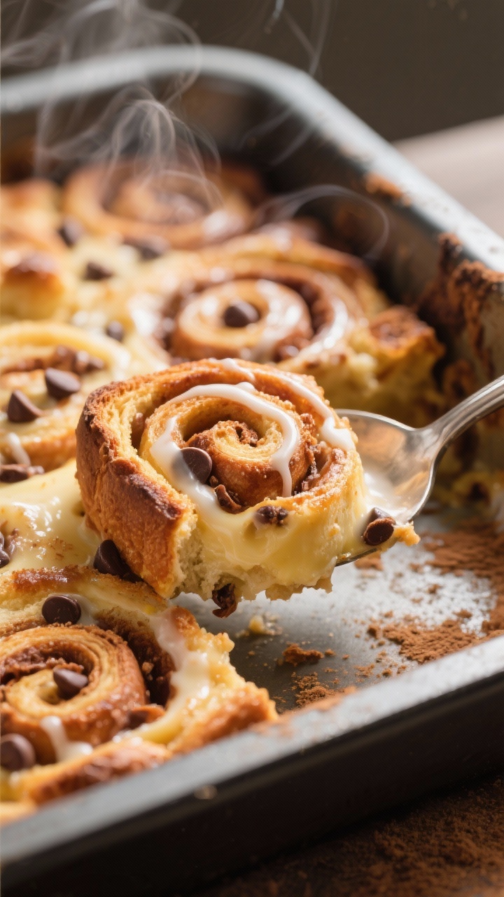 Close-up detail: A just-baked cinnamon roll bread pudding corner scoop showing crisp, caramelized go