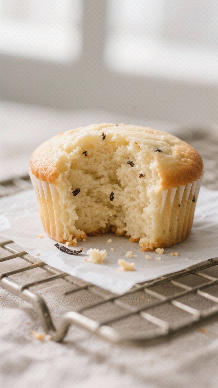 Close-up detail: A just-baked gluten-free vanilla cupcake torn in half on a parchment-lined cooling 