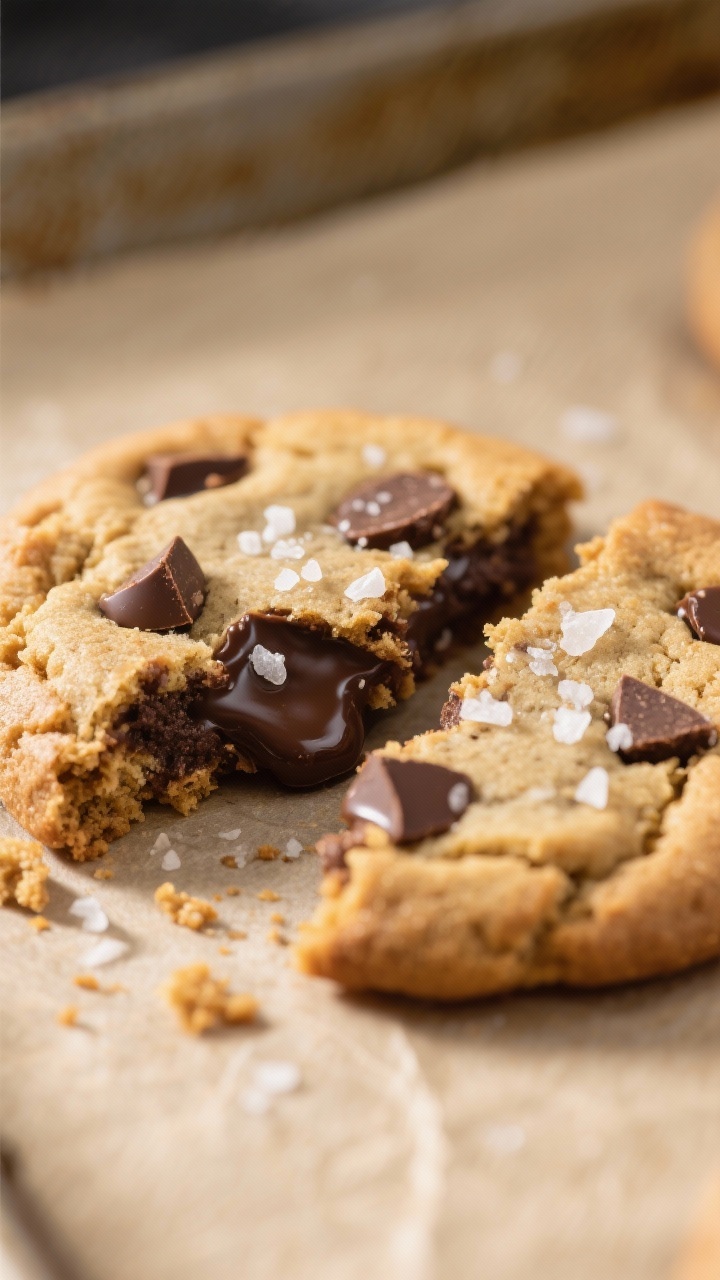 Close-up detail: A just-baked paleo chocolate chip cookie broken in half, showcasing gooey melted 70