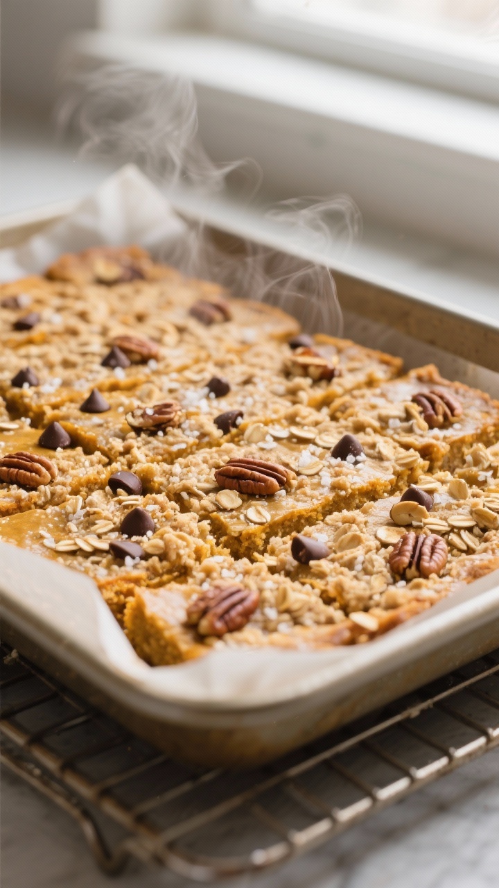 Close-up detail: A just-baked pan of gluten-free vegan pumpkin dessert bars cooling on a rack, showi