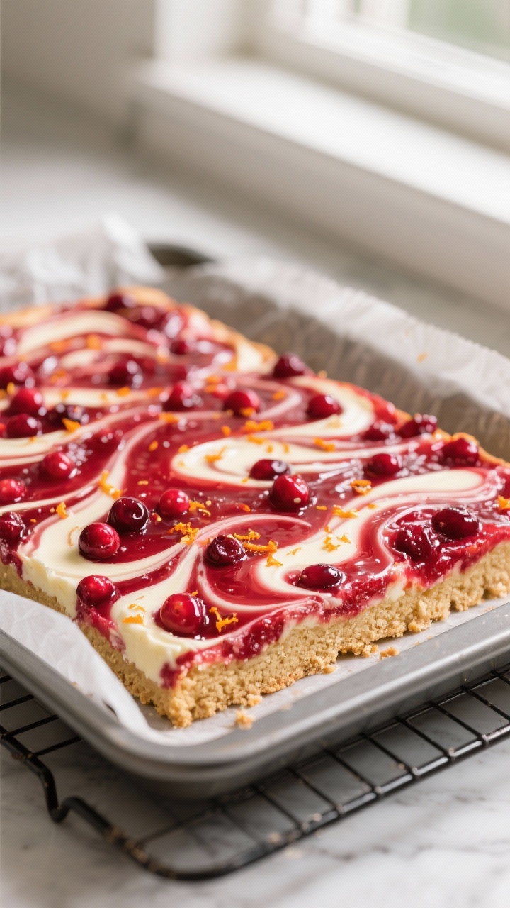 Close-up detail: A just-baked pan of keto cranberry swirl bars cooling on a wire rack, showing the g