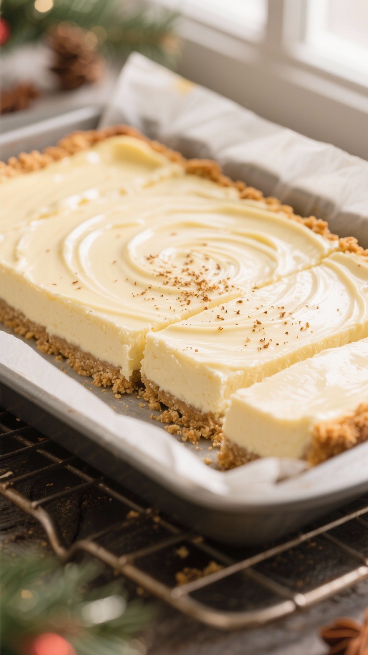Close-up detail: A just-baked pan of keto eggnog cheesecake bars cooling on a rack, the almond flour