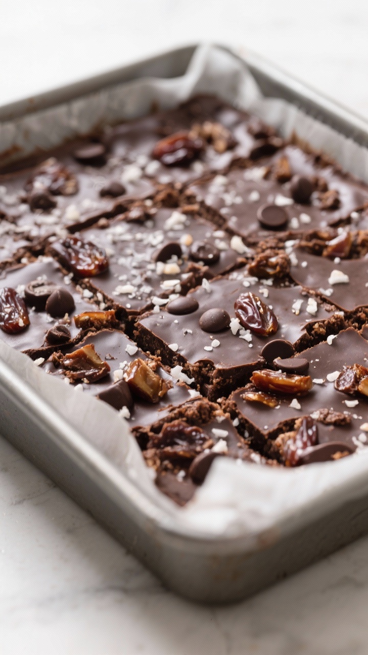 Close-up detail: A just-baked slab of low-sugar vegan gluten-free chocolate bars still in the parchm