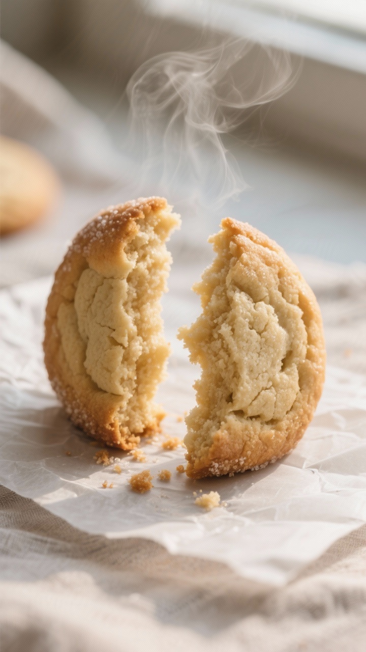 Close-up detail: A just-baked vegan sugar cookie broken in half, steam softly rising, showcasing cri