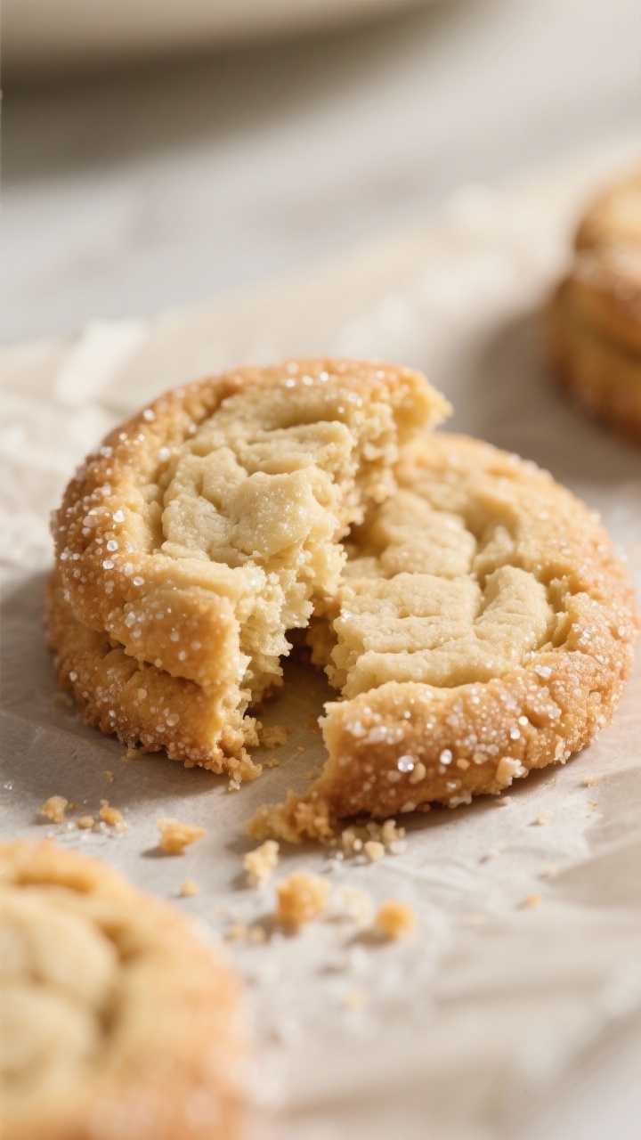Close-up detail: A just-baked vegan sugar cookie broken in half to reveal an ultra-soft, chewy cente
