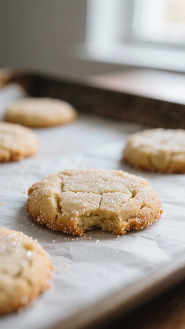 Close-up detail: A just-baked vegan sugar cookie with crisp, lightly golden edges and a plush, under