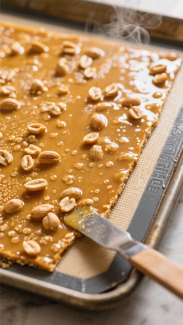 Close-up detail: A just-poured sheet of golden peanut brittle foaming and lightening from baking sod