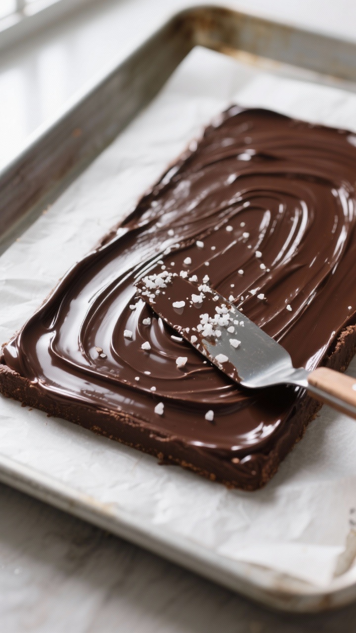 Close-up detail: A just-set layer of glossy dark chocolate spread to a clean 9x12 rectangle on parch