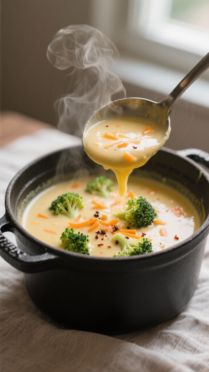 Close-up detail: A ladle lifting creamy broccoli cheddar soup from a pot right after the cheese is g