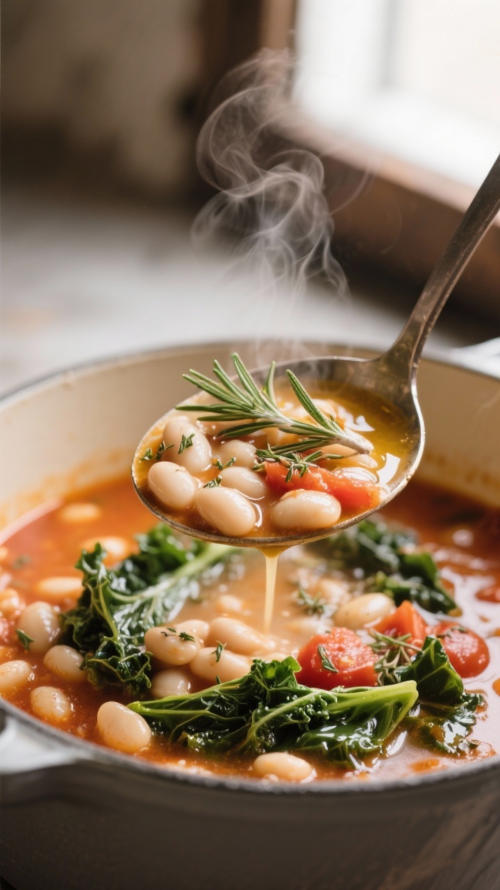 Close-up detail: A ladle lifting creamy Tuscan white bean soup from a Dutch oven, showing tender can