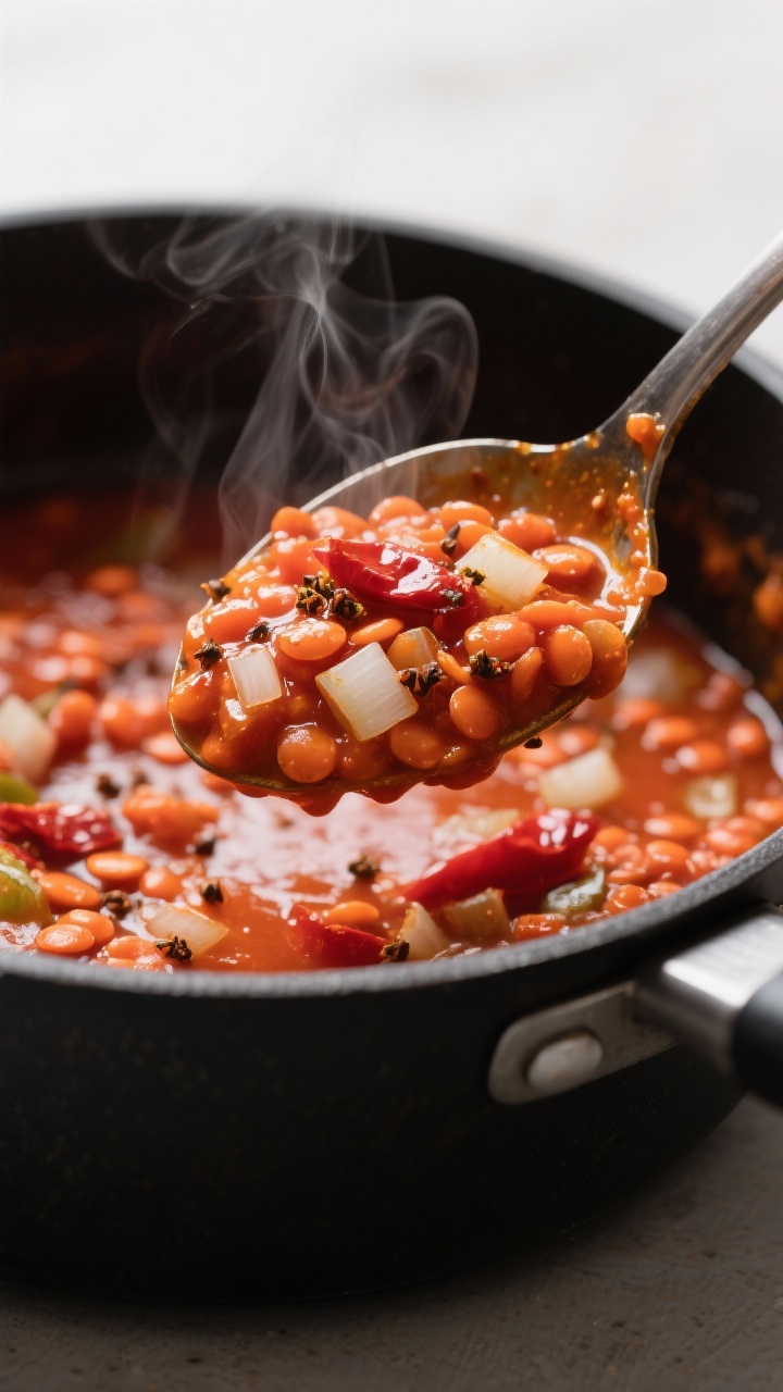 Close-up detail: A ladle scooping glossy, spicy red lentils from a saucepan after simmering—creamy