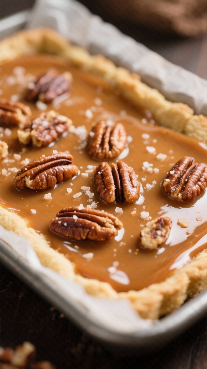 Close-up detail: A macro shot of a glossy maple pecan filling just set on top of a golden, par-baked