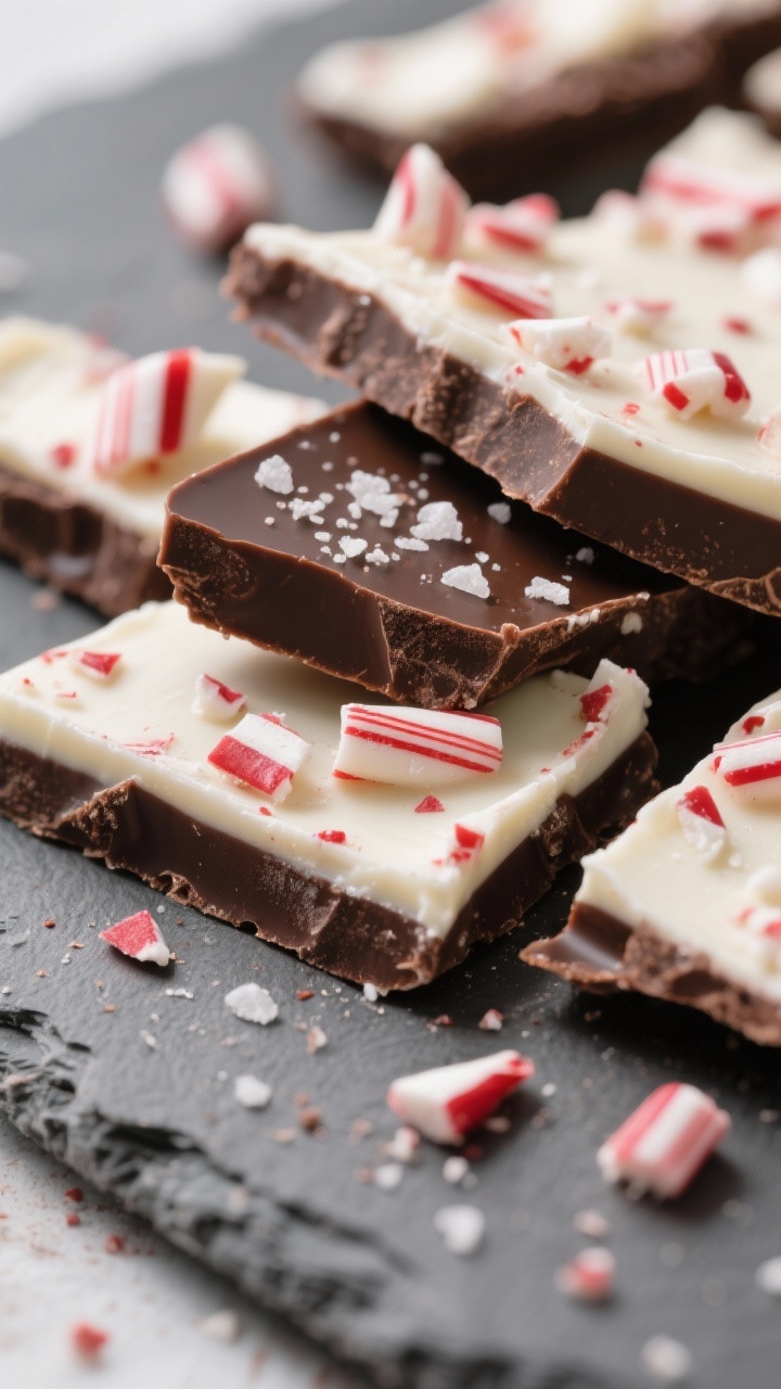 Close-up detail: A macro shot of freshly snapped peppermint bark shards, showing the clean dark choc