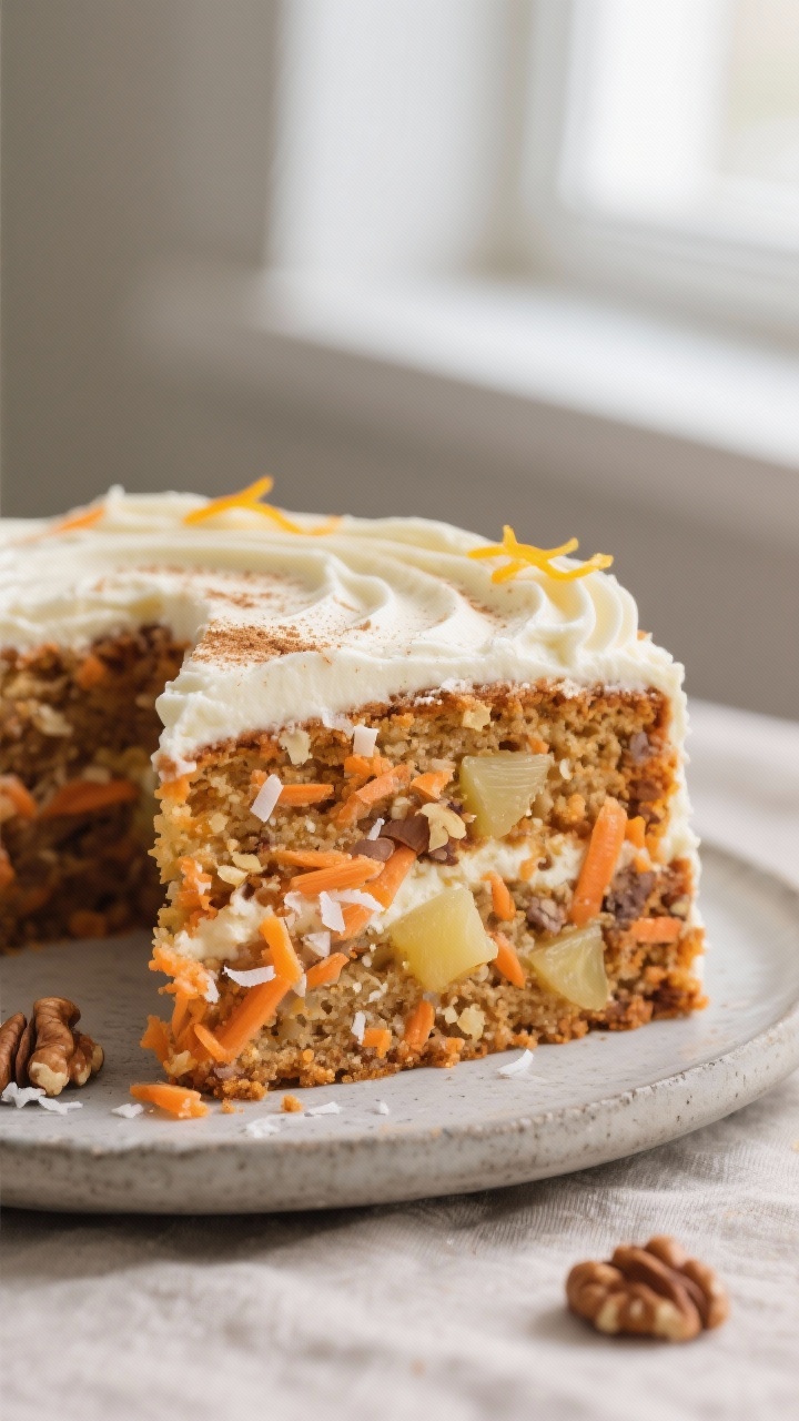 Close-up detail: A moist slice of spiced carrot cake just cut, showing ultra-moist crumb studded wit