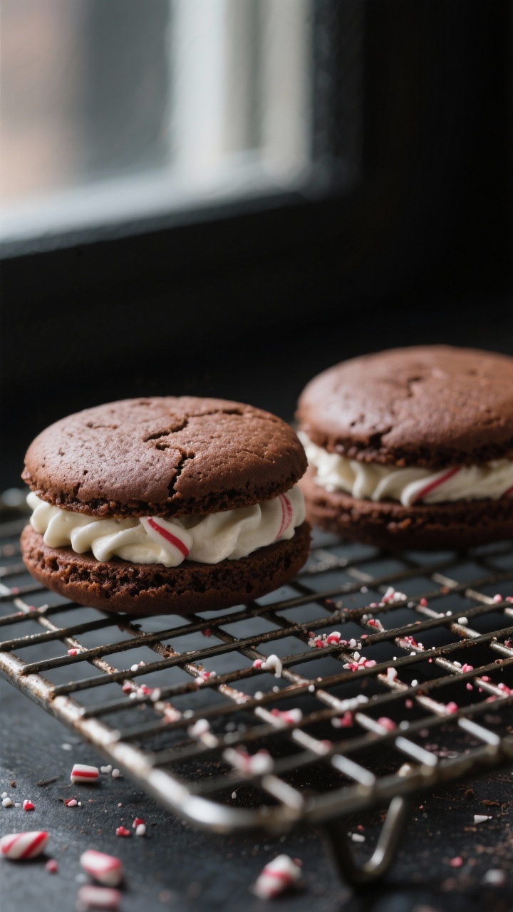 Close-up detail: A pair of baked chocolate whoopie pie halves cooling on a wire rack, plush and cake