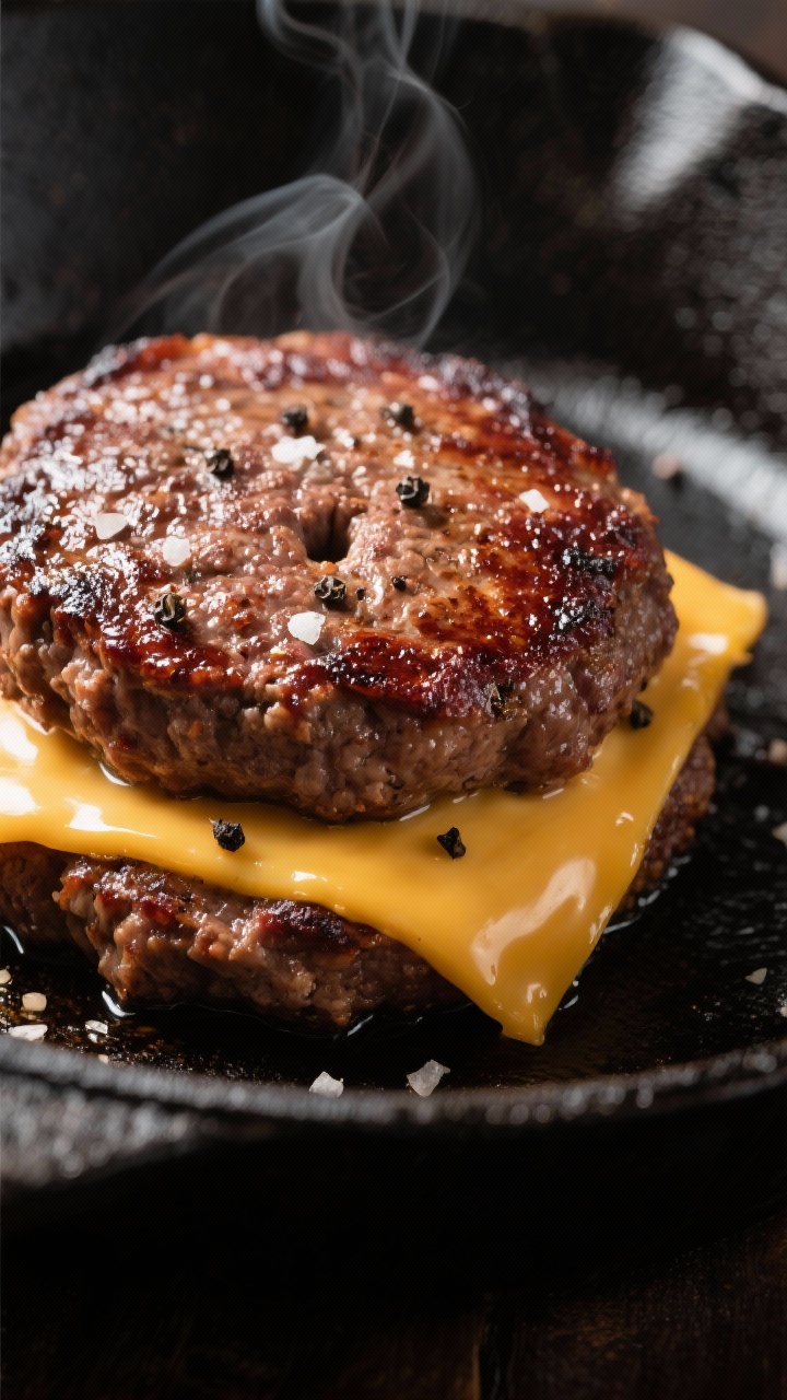 Close-up detail: A seared 80/20 beef patty just off the cast-iron, showing deep mahogany crust with 