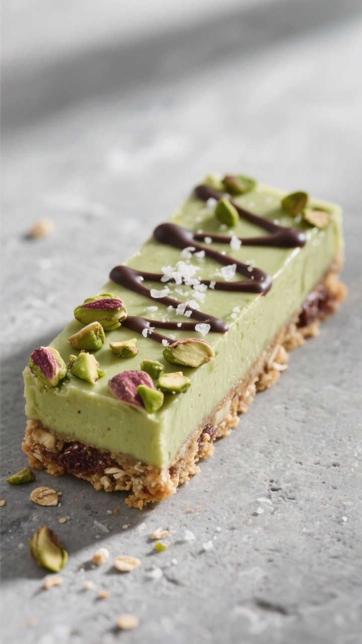 Close-up detail: A single sliced vegan pistachio dessert bar with a perfectly clean cut edge showing