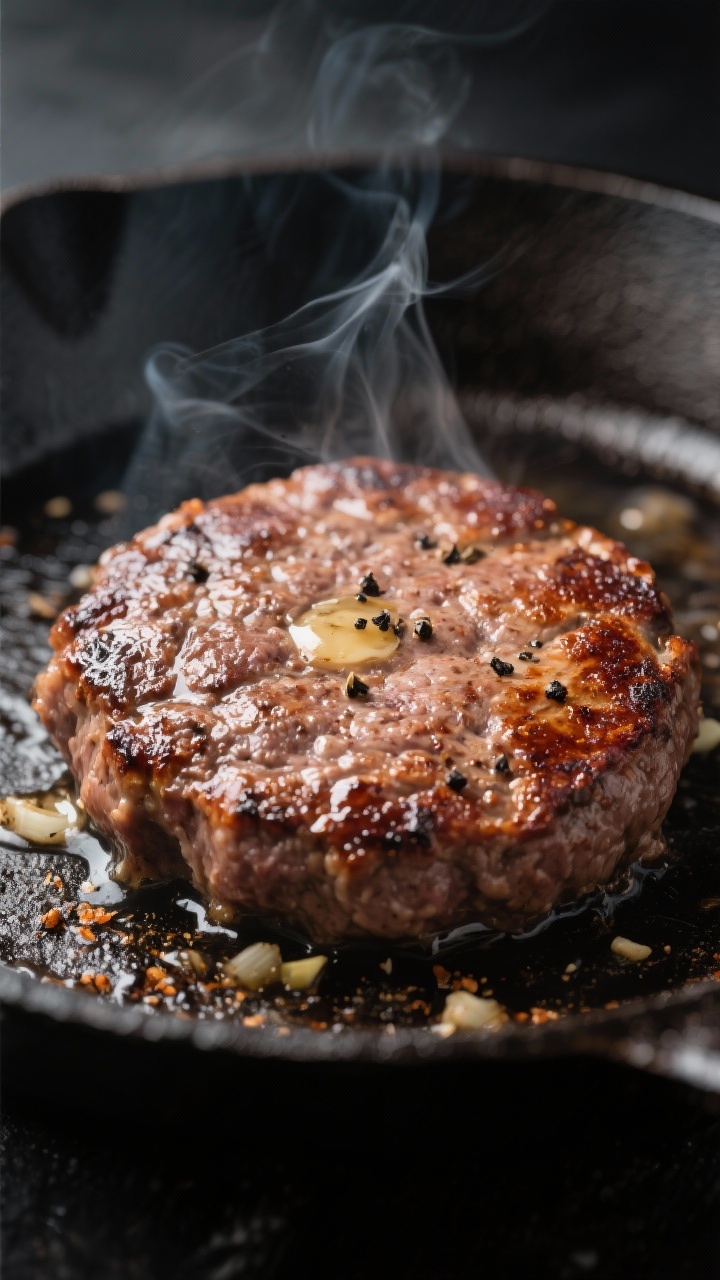 Close-up detail: A sizzling 80/20 beef patty mid-sear in a cast-iron skillet, deep Maillard crust fo