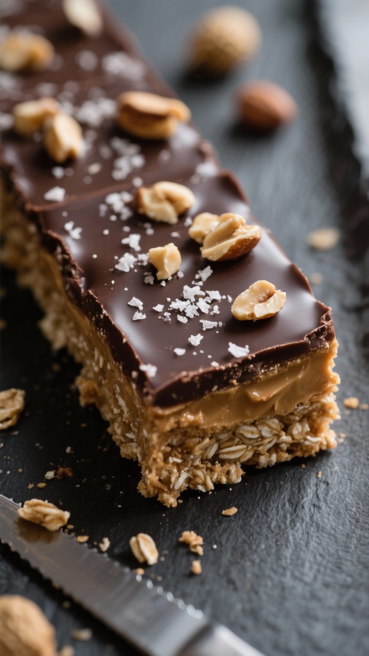Close-up detail: A sliced no-bake chocolate peanut butter bar just out of the fridge, showing glossy