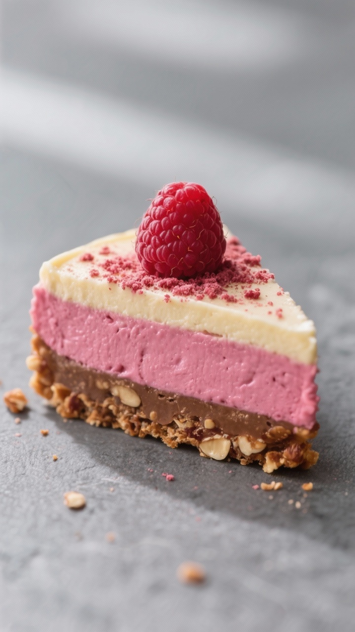 Close-up detail: A sliced Raspberry Dessert Bite showing the chewy-crunchy almond-date-coconut base 