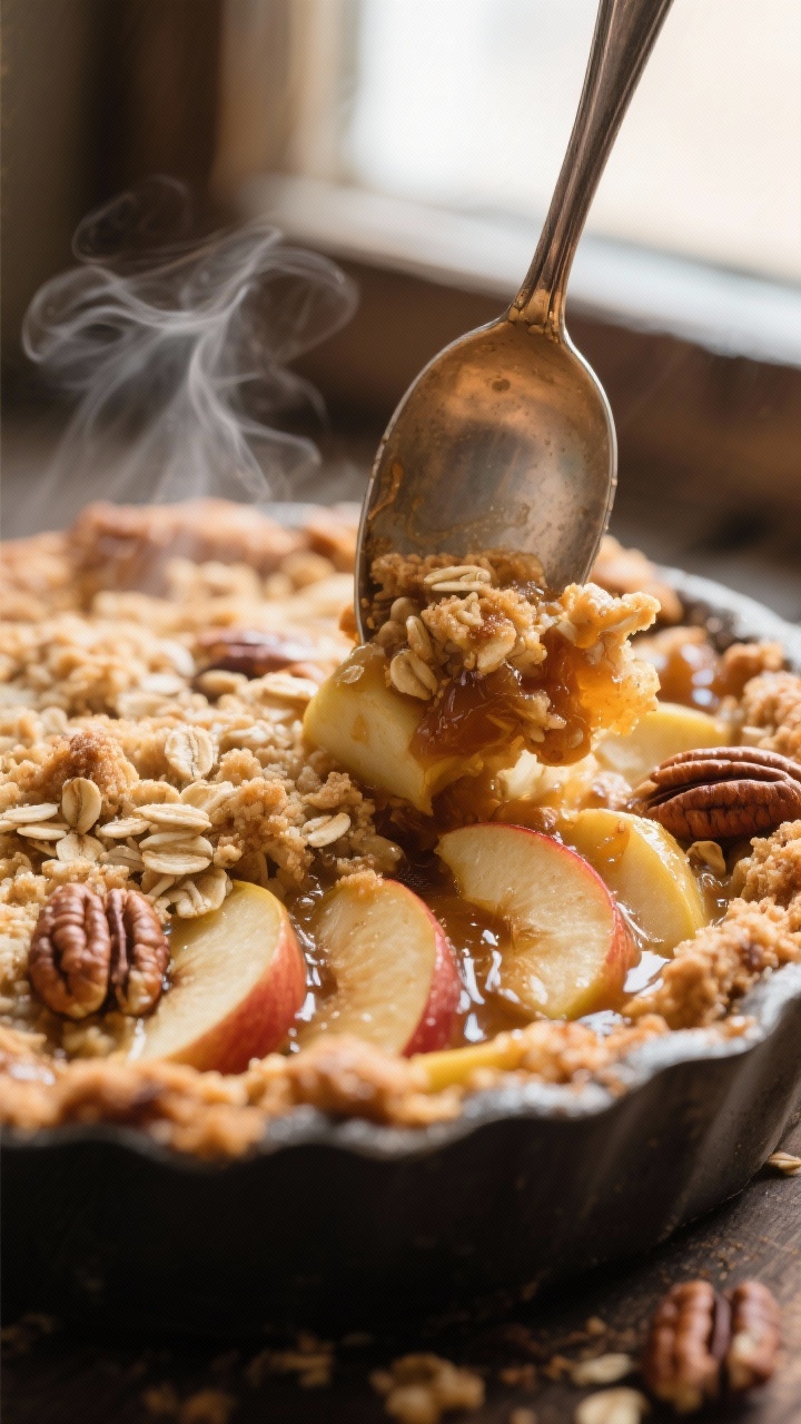 Close-up detail: A spoon breaking into a freshly baked apple crisp, revealing jammy-tender cinnamon,