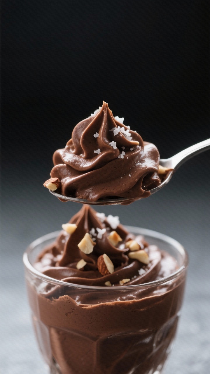 Close-up detail: A spoonful of keto chocolate mousse being lifted from a chilled glass cup, showing 