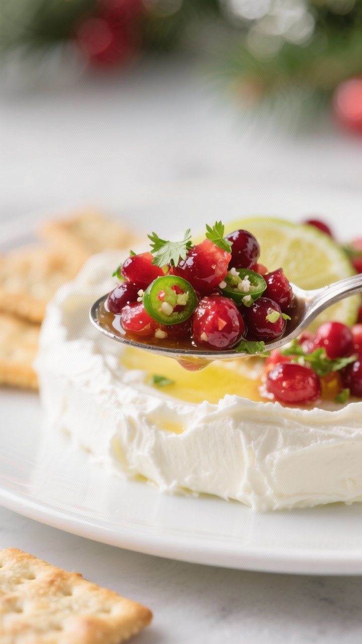 Close-up detail: A spoonful of the finished cranberry–jalapeño salsa mid-hover over the whipped c