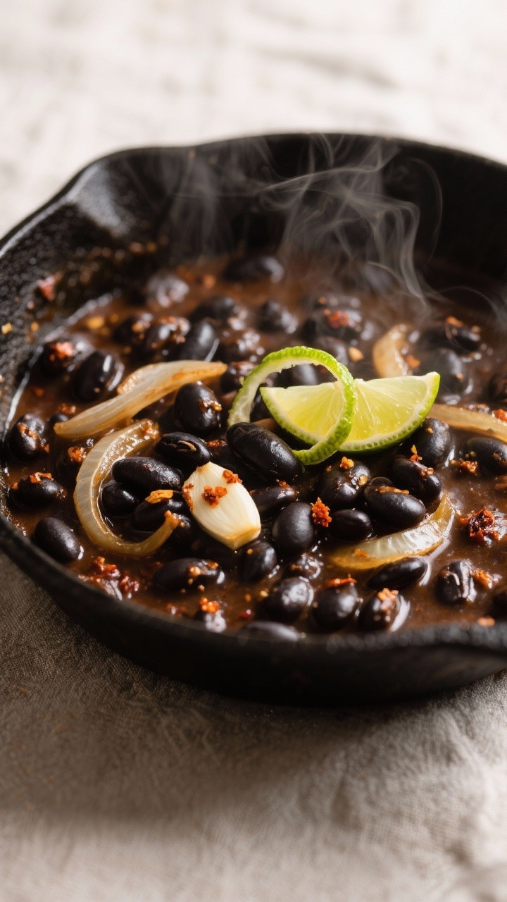 Close-up detail: A steaming skillet of smoky black beans mid-simmer, glossy and saucy with visible w