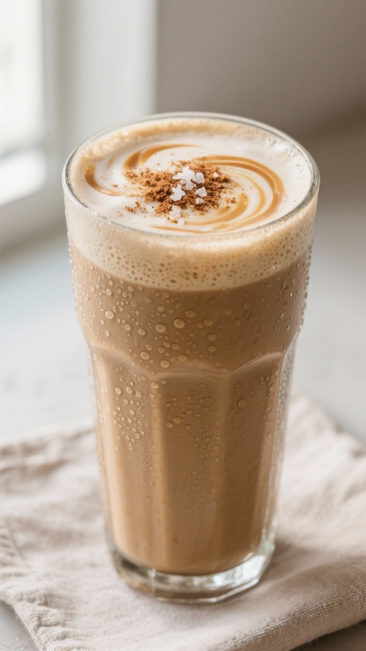 Close-up detail: A tall chilled glass of Coffee Protein Smoothie just poured, creamy and frothy with