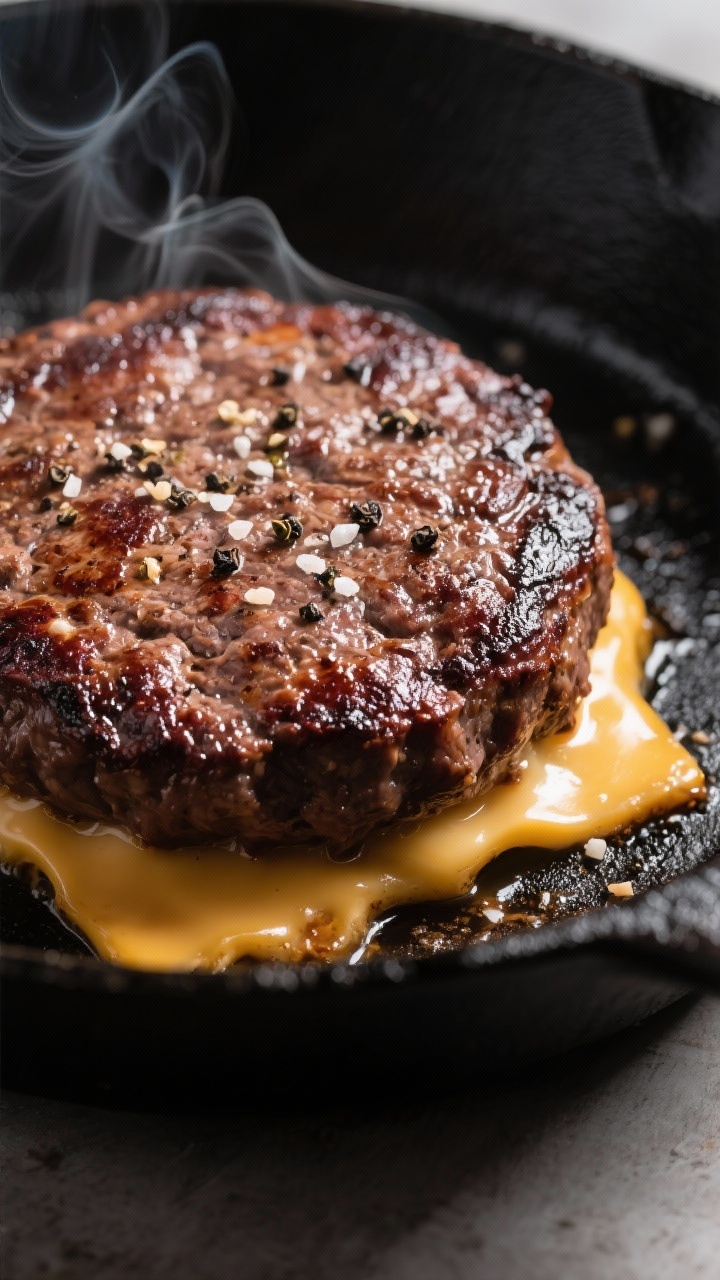 Close-up detail: A thick 80/20 beef patty mid-sear in a cast-iron skillet, dark mahogany crust with 