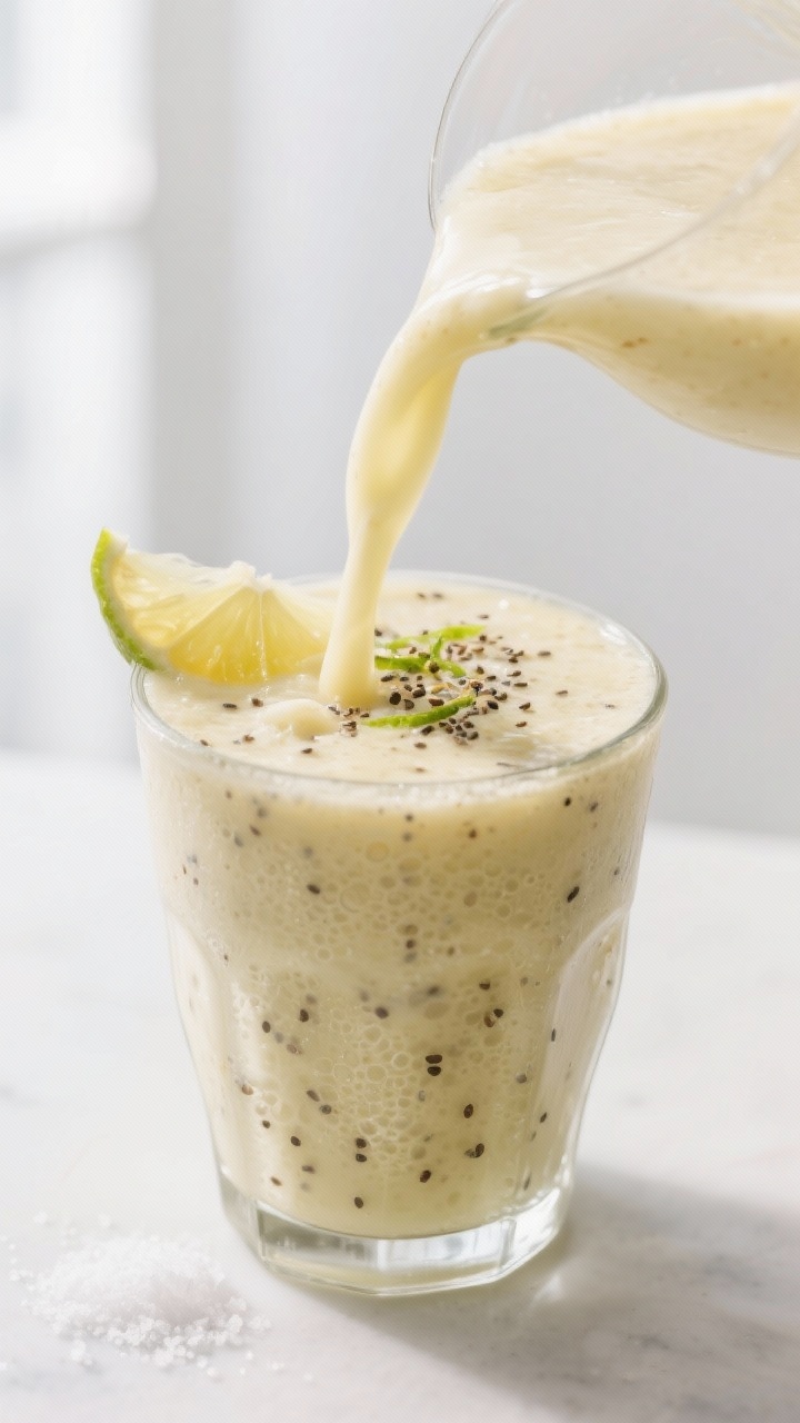 Close-up detail: A thick, ultra-smooth pineapple ginger smoothie being poured in a silky ribbon into