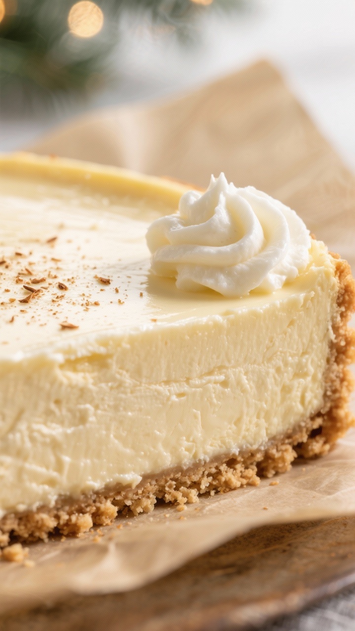 Close-up detail: A tight macro of a sliced eggnog cheesecake bar edge showing ultra-smooth, creamy c