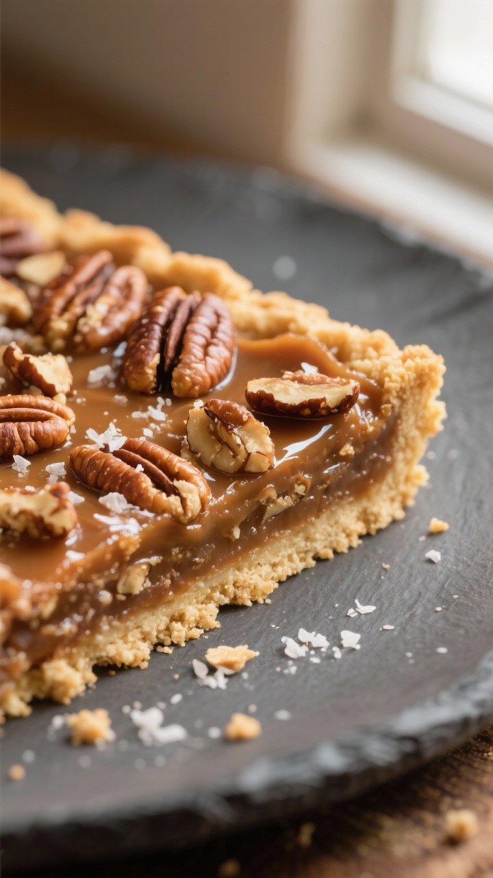 Close-up detail: A tight macro of a sliced Keto Pecan Pie Bar showing the glossy, gooey pecan fillin