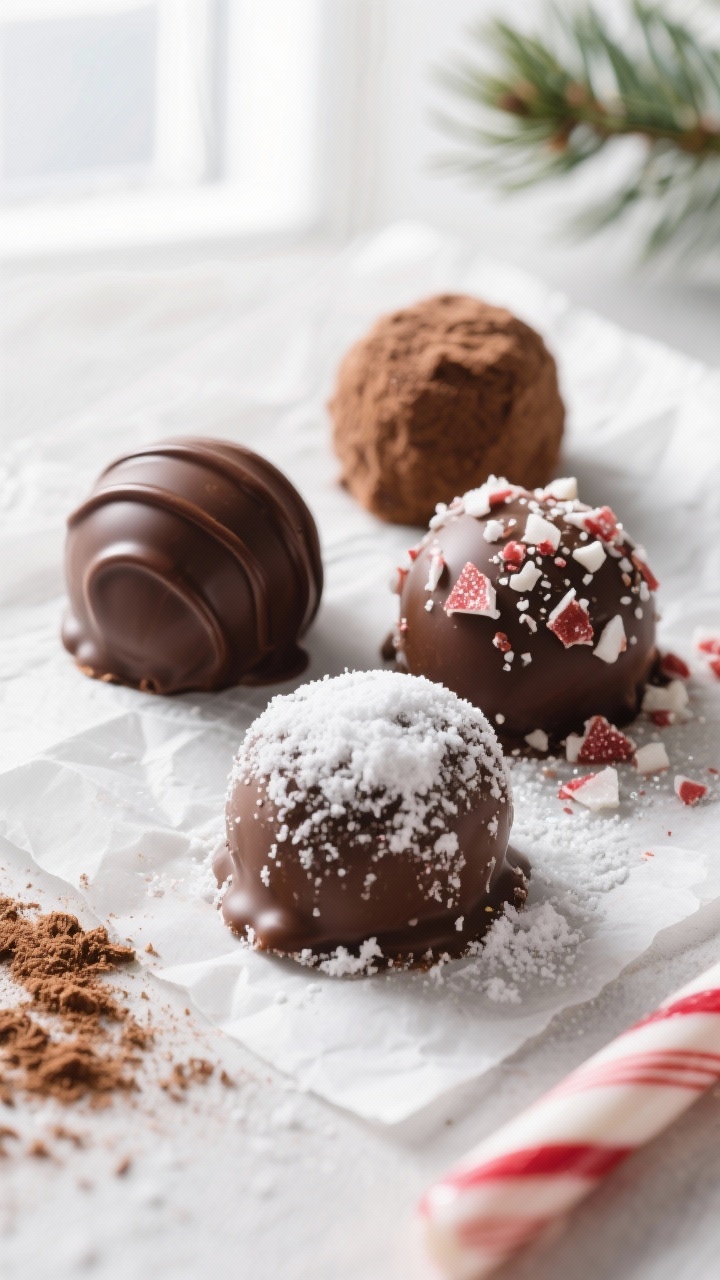Close-up detail: A trio of finished chocolate truffles on parchment, each coated differently—matte