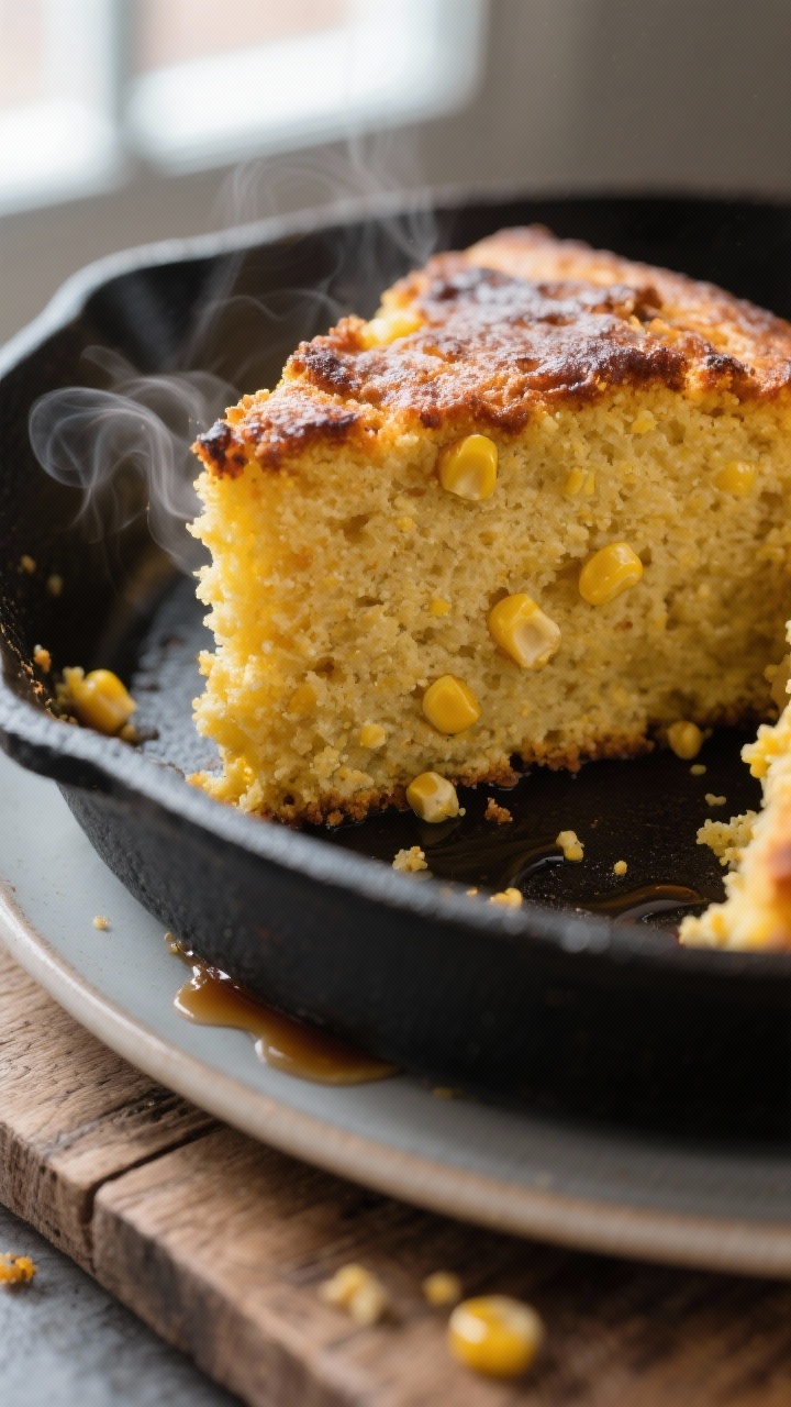 Close-up detail: A wedge of dairy-free, gluten-free cornbread just cut from a hot cast-iron skillet,