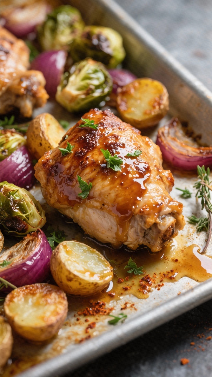 Close-up detail: Caramelized Maple Dijon chicken thigh on a sheet pan with deeply browned Brussels s