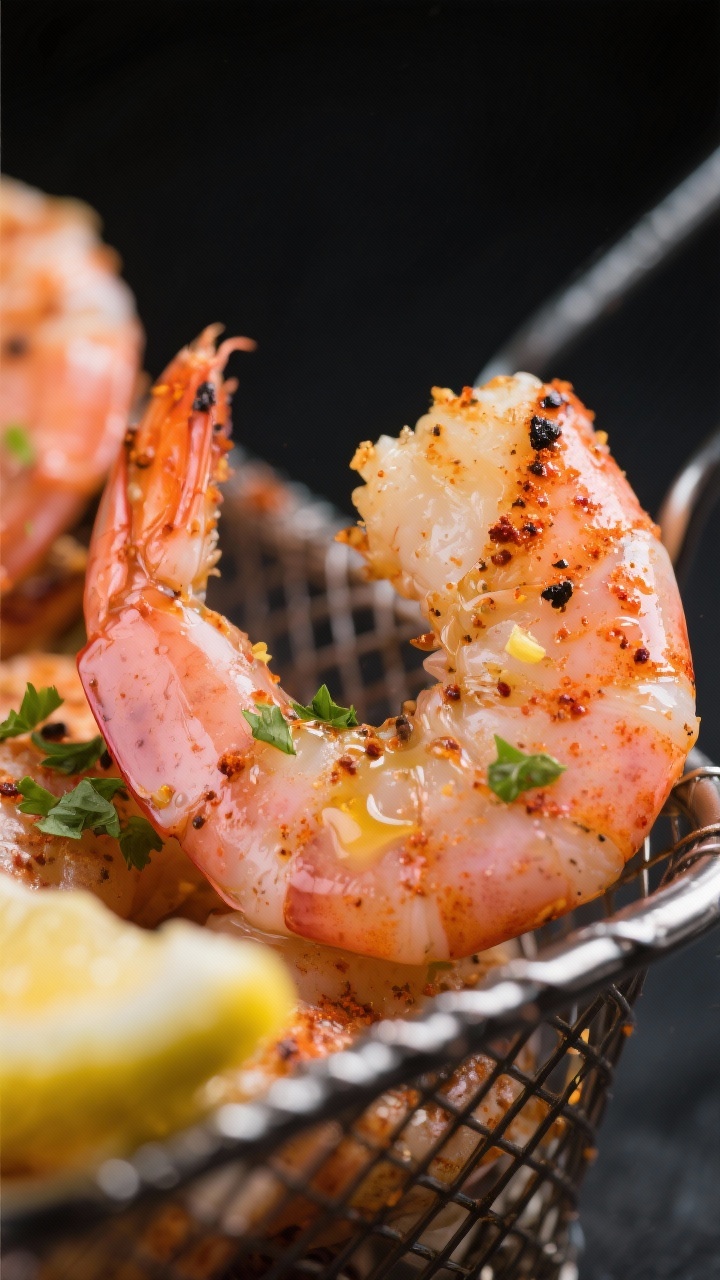 Close-up detail: Char-kissed air fryer shrimp just out of the basket, pink and opaque with a gentle 