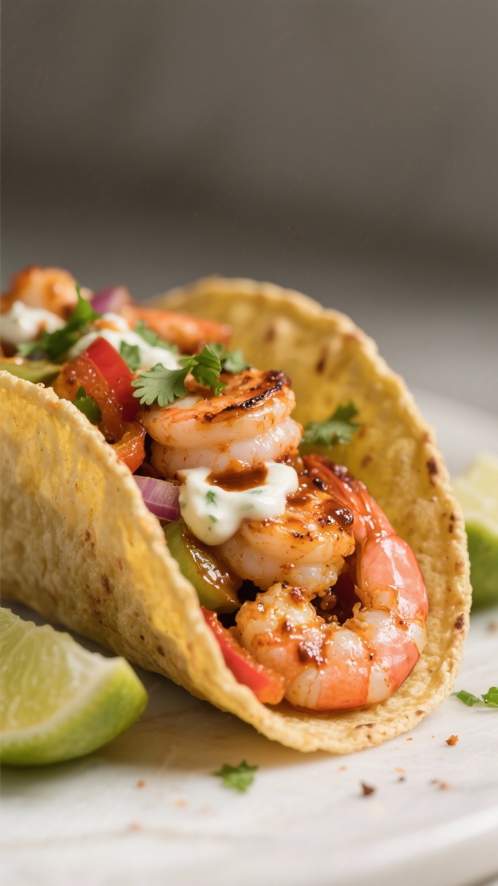 Close-up detail: Chipotle shrimp taco close-up—plump, pink shrimp coated in smoky chipotle sauce w