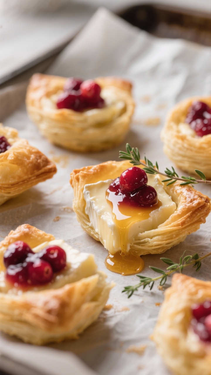 Close-up detail: Cranberry Brie phyllo bites just out of the oven on a parchment-lined sheet, Brie v