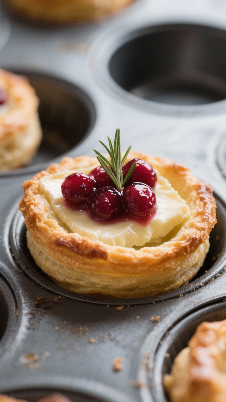 Close-up detail: Cranberry Brie Puff Bites just out of the oven, puff pastry edges deeply golden and