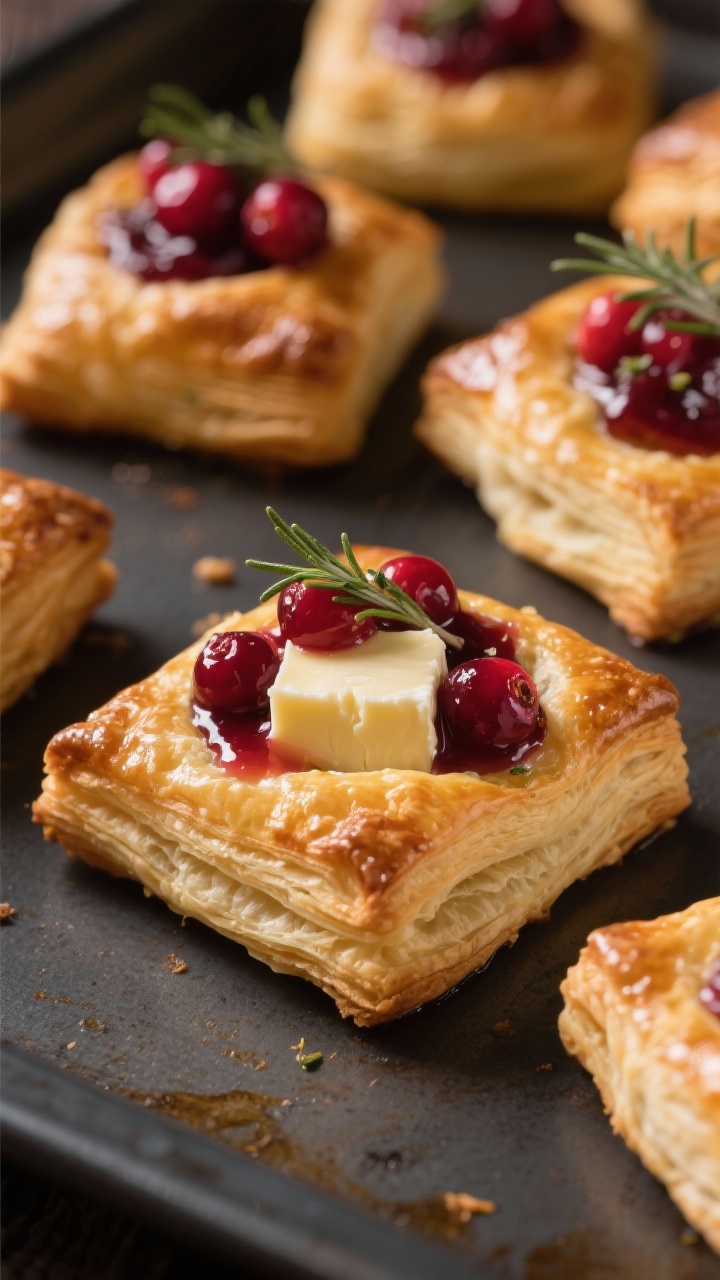 Close-up detail: Cranberry Brie puff pastry bites just out of the oven, golden laminated layers puff