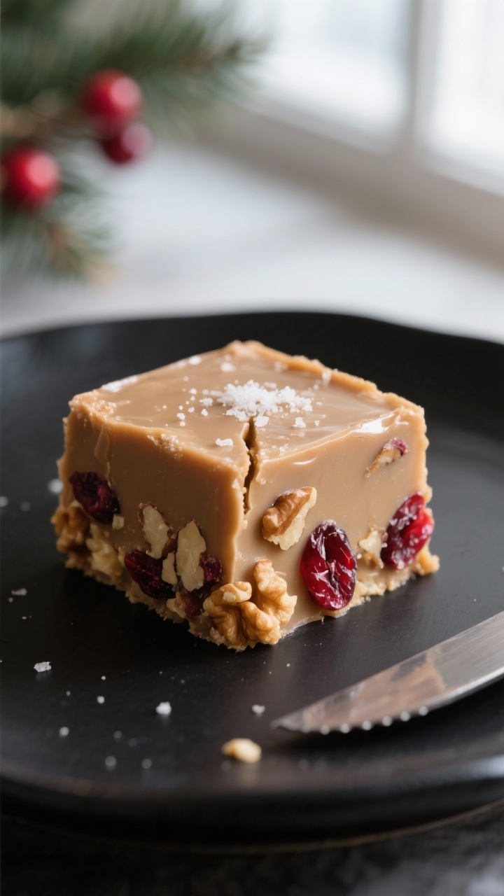 Close-up detail — cranberry-nut variation: Macro shot of a single fudge square on a matte black pl