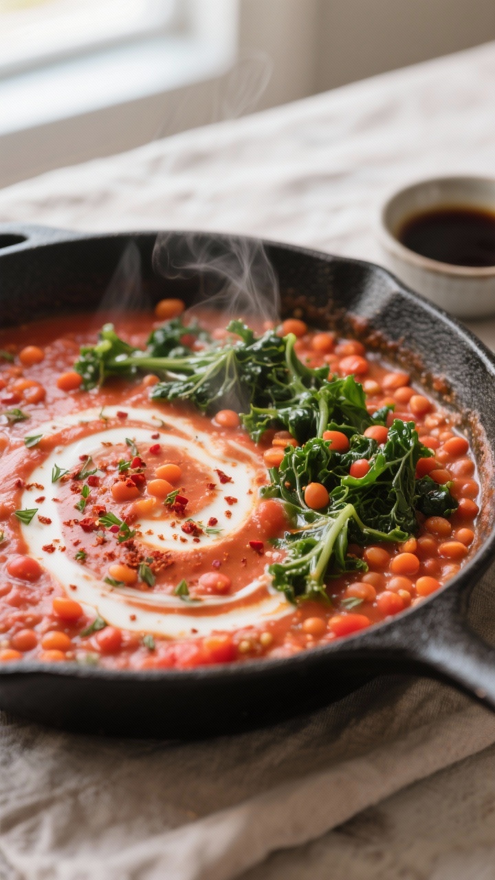 Close-up detail: Creamy tomato-lentil mixture simmering in a wide skillet, red lentils softened and 