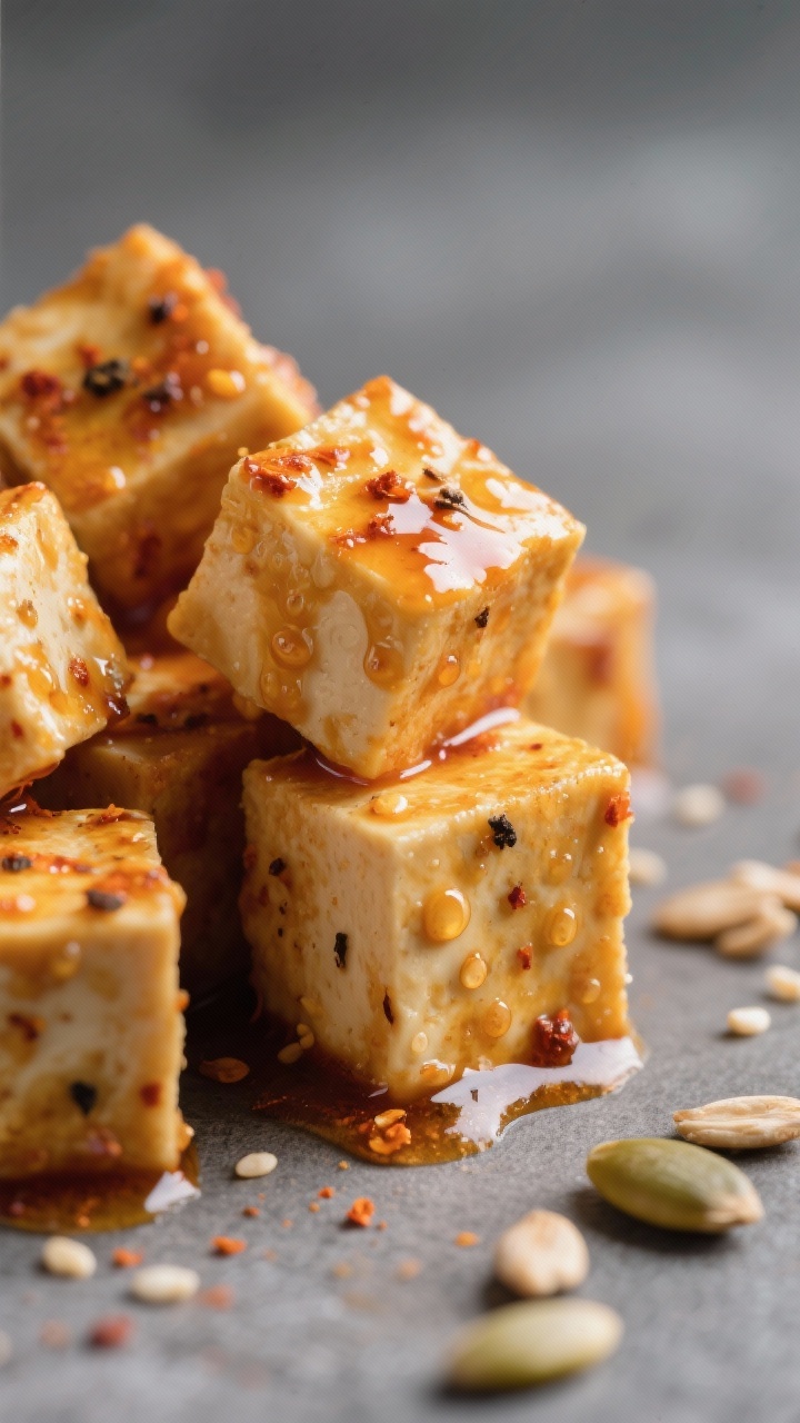 Close-up detail: Crisp, golden-edged Buffalo tofu cubes just after tossing in a glossy cayenne-vineg