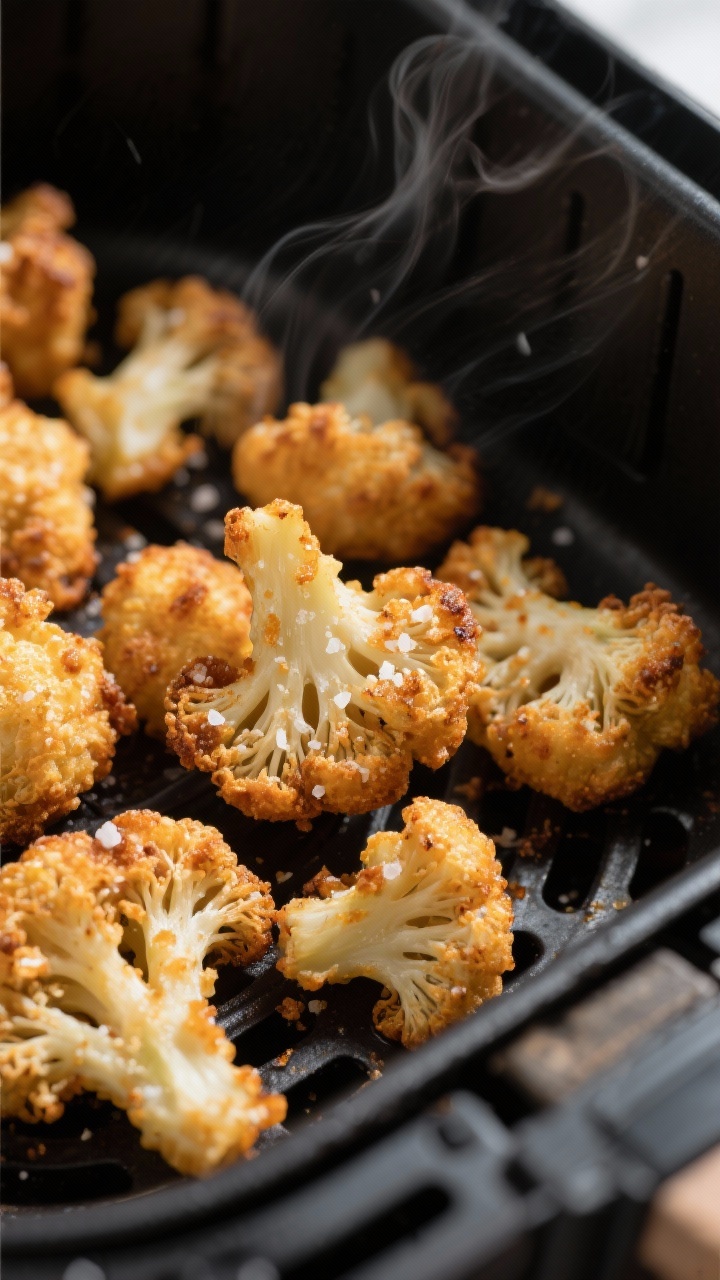 Close-up detail: Crispy cauliflower bites fresh from the air fryer basket, deep golden-brown ridges 