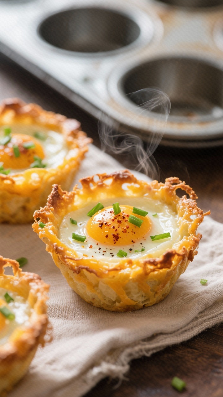 Close-up detail: Crispy Cheddar Egg Cups just out of the oven, golden lacy cheddar edges with puffed