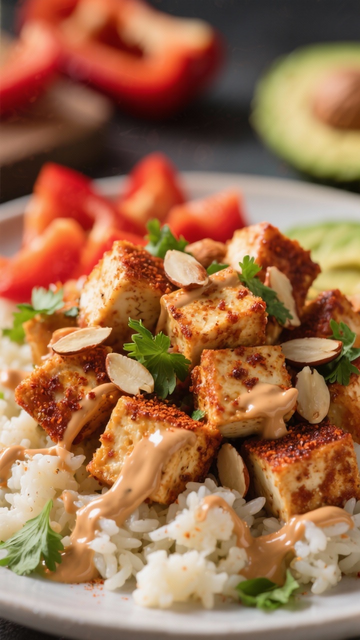 Close-up detail: Crispy-edged tofu cubes seasoned with smoked paprika, cumin, and garlic powder, pil